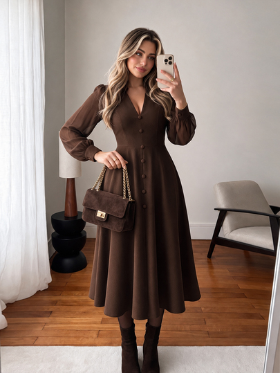 Vionelle Women's Plus Size Brown Elegant Dress, Fashionable Comfortable Waist-Cinching, Minimalist Casual Long Sleeve Office Brunch Party Fall Thanksgiving