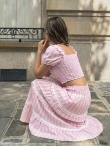 Cévolie Women's Vacation Casual Striped Cropped Top And Ruffle Hem Skirt 2-Piece Set - Pink - View 4