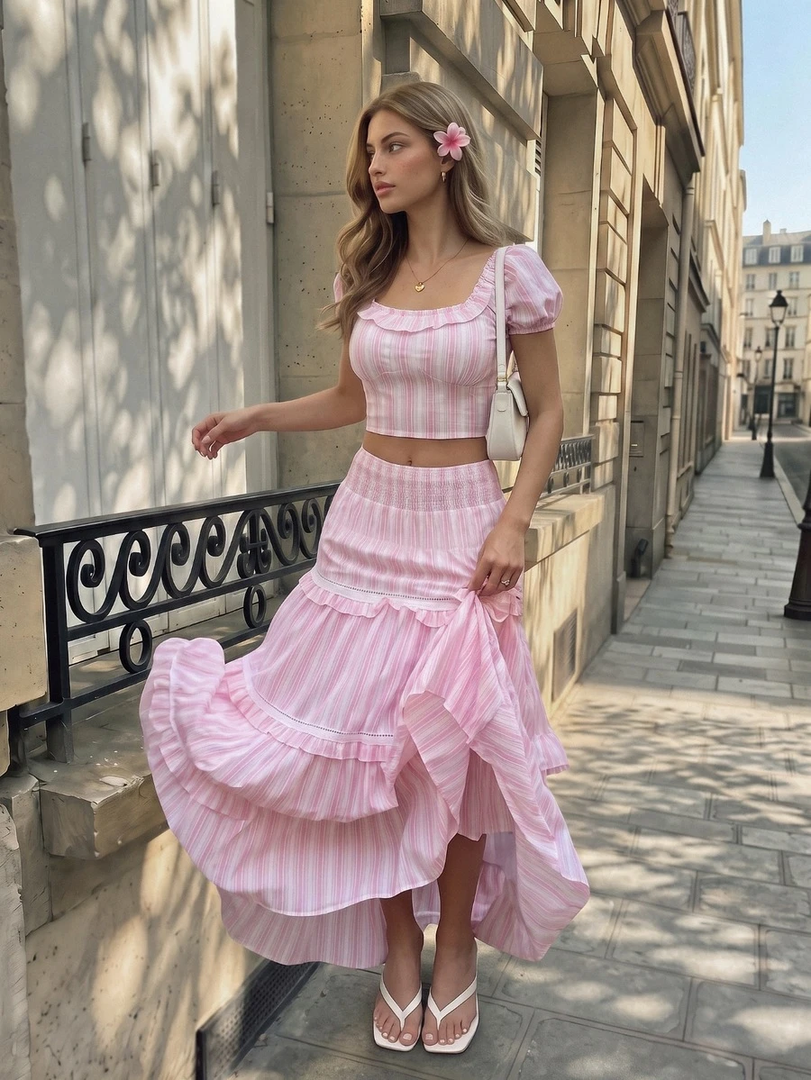 Cévolie Women's Vacation Casual Striped Cropped Top And Ruffle Hem Skirt 2-Piece Set