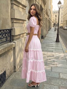 Cévolie Women's Vacation Casual Striped Cropped Top And Ruffle Hem Skirt 2-Piece Set - Pink - View 3