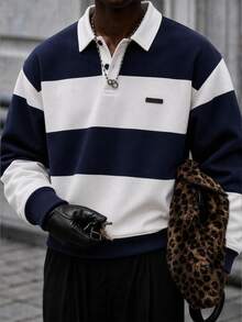 Mainfolk Men's Knitted Fashion Casual Streetwear Loose Long Sleeve Half-Zip Sweatshirt Vacation Off Campus Navy And White Autumn - Blue and White - View 8