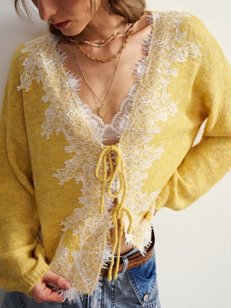 Bohemela Women's Contrast Lace Front Tie Drop Shoulder Long Sleeve Knit Cardigan - Yellow - View 7