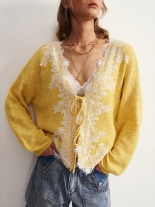 Bohemela Women's Contrast Lace Front Tie Drop Shoulder Long Sleeve Knit Cardigan - Yellow - View 4