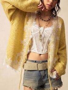 Bohemela Women's Contrast Lace Front Tie Drop Shoulder Long Sleeve Knit Cardigan - Yellow - View 2