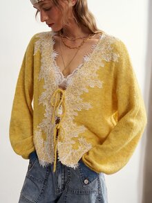 Bohemela Women's Contrast Lace Front Tie Drop Shoulder Long Sleeve Knit Cardigan - Yellow - View 5