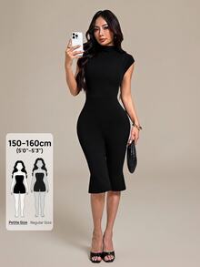 SHEIN PETITE Women's Solid Color Casual Daily Wear Jumpsuit Capri - Black - View 8