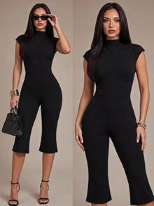SHEIN PETITE Women's Solid Color Casual Daily Wear Jumpsuit Capri - Black - View 9