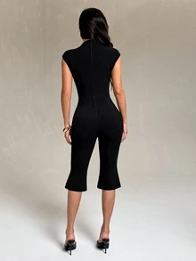 SHEIN PETITE Women's Solid Color Casual Daily Wear Jumpsuit Capri - Black - View 2