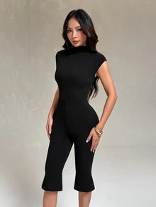 SHEIN PETITE Women's Solid Color Casual Daily Wear Jumpsuit Capri - Black - View 4