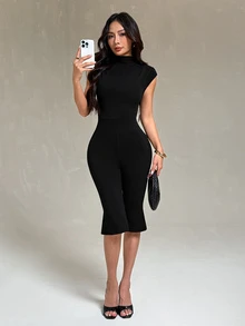 SHEIN PETITE Women's Solid Color Casual Daily Wear Jumpsuit Capri - Black - View 3