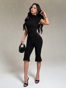 SHEIN PETITE Women's Solid Color Casual Daily Wear Jumpsuit Capri - Black - View 7