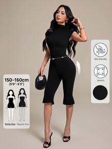 SHEIN PETITE Women's Solid Color Casual Daily Wear Jumpsuit Capri - Black - View 1