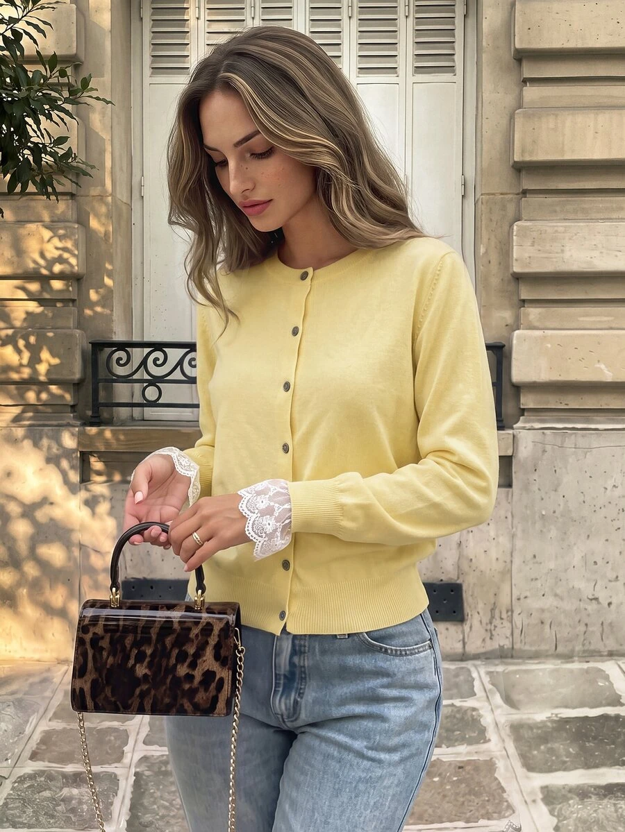 Cévolie Women's Contrast Lace Cuff Single-Breasted Thin Knit Cardigan - Yellow - View 1