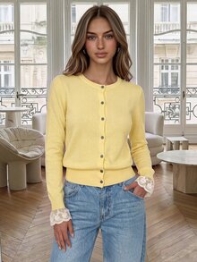 Cévolie Women's Contrast Lace Cuff Single-Breasted Thin Knit Cardigan - Yellow - View 3