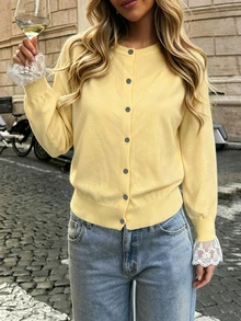 Cévolie Women's Contrast Lace Cuff Single-Breasted Thin Knit Cardigan - Yellow - View 4