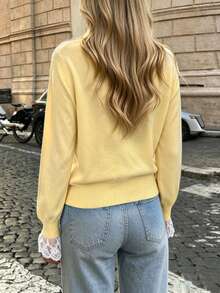 Cévolie Women's Contrast Lace Cuff Single-Breasted Thin Knit Cardigan - Yellow - View 5