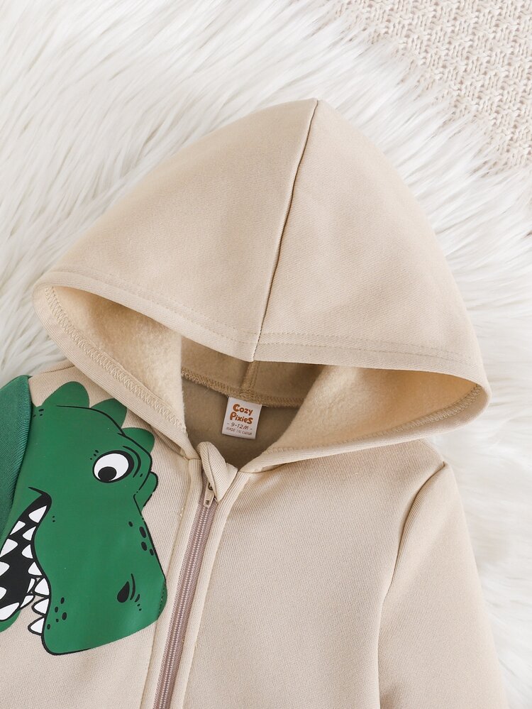 Cozy Pixies Baby Boy Casual Comfortable Daily Versatile Dinosaur Print Hooded Jumpsuit - Khaki - View 5
