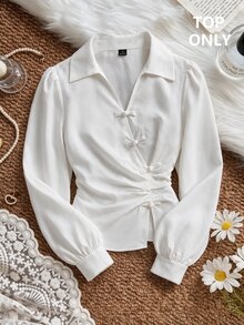 SHEIN MOD Pankou Long Sleeve Asymmetrical Placket Shirt - White - View 6