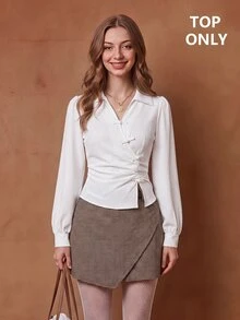 SHEIN MOD Pankou Long Sleeve Asymmetrical Placket Shirt - White - View 9