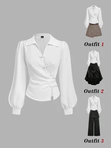 SHEIN MOD Pankou Long Sleeve Asymmetrical Placket Shirt - White - View 1