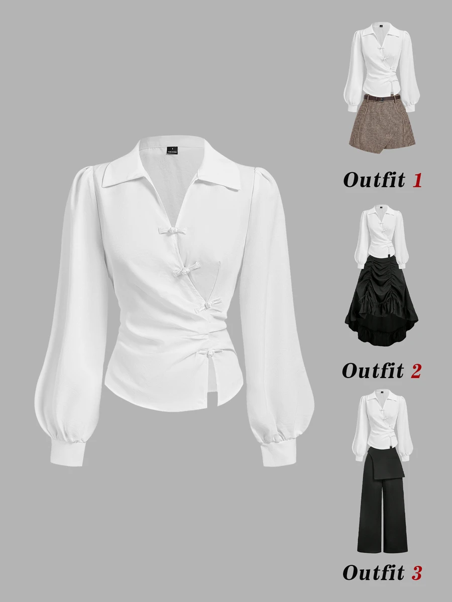 SHEIN MOD Pankou Long Sleeve Asymmetrical Placket Shirt - White - View 1