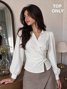 SHEIN MOD Pankou Long Sleeve Asymmetrical Placket Shirt - White - View 2
