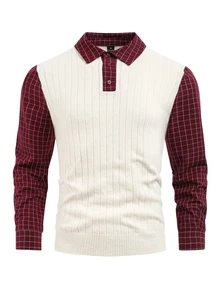Manfinity Homme Men's Autumn/Winter Sweater Polo Collar Long Sleeve Knit Pullover Slim Fit 2 In 1 Christmas Red Red Top Plaid - Apricot - View 9