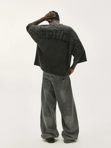 Baseblock Men's Goth Washed Distressed Short Sleeve T-Shirt, Back Large Letter Patchwork Embroidery Design, Dropped Shoulder Loose Boxy Fit, Vintage Stone Washed Charcoal Grey Tone, Street Hip-Hop Style Short Top, Versatile For Daily Wear, Highlighting American Vintage Vibe - Black - View 6