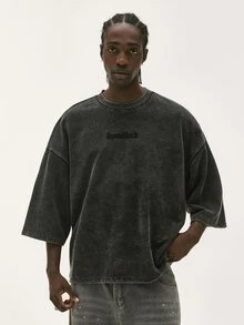 Baseblock Men's Goth Washed Distressed Short Sleeve T-Shirt, Back Large Letter Patchwork Embroidery Design, Dropped Shoulder Loose Boxy Fit, Vintage Stone Washed Charcoal Grey Tone, Street Hip-Hop Style Short Top, Versatile For Daily Wear, Highlighting American Vintage Vibe - Black - View 2