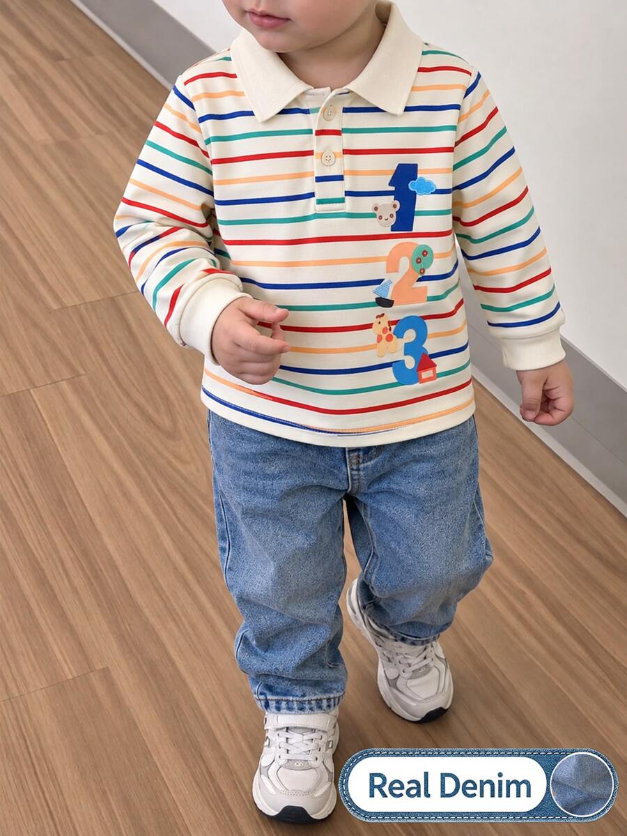 SHEIN 2pcs/Set Boys Outfit, Children's Knit Long Sleeve Polo Shirt And Sweatshirt 2-In-1, Printed Pattern, Denim Jeans Simple & Fashionable, Suitable For Spring And Autumn, Perfect For Daily Wear - Multicolor - View 1