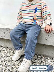 SHEIN 2件組男孩套裝，兒童針織長袖 Polo 衫與運動衫 2 合 1，印花圖案，丹寧牛仔褲，簡約時尚，適合春秋季節，適合日常穿著 - 彩色 - 查看 1