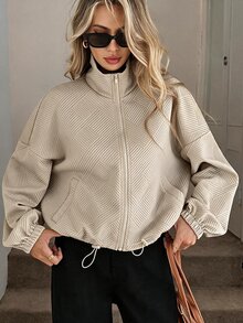 Struktiv Women's Beige Geometric Textured Zip Up Jacket Stand Collar Drawstring Hem Loose Coat Spring Autumn Casual Sporty Top - Beige - View 1