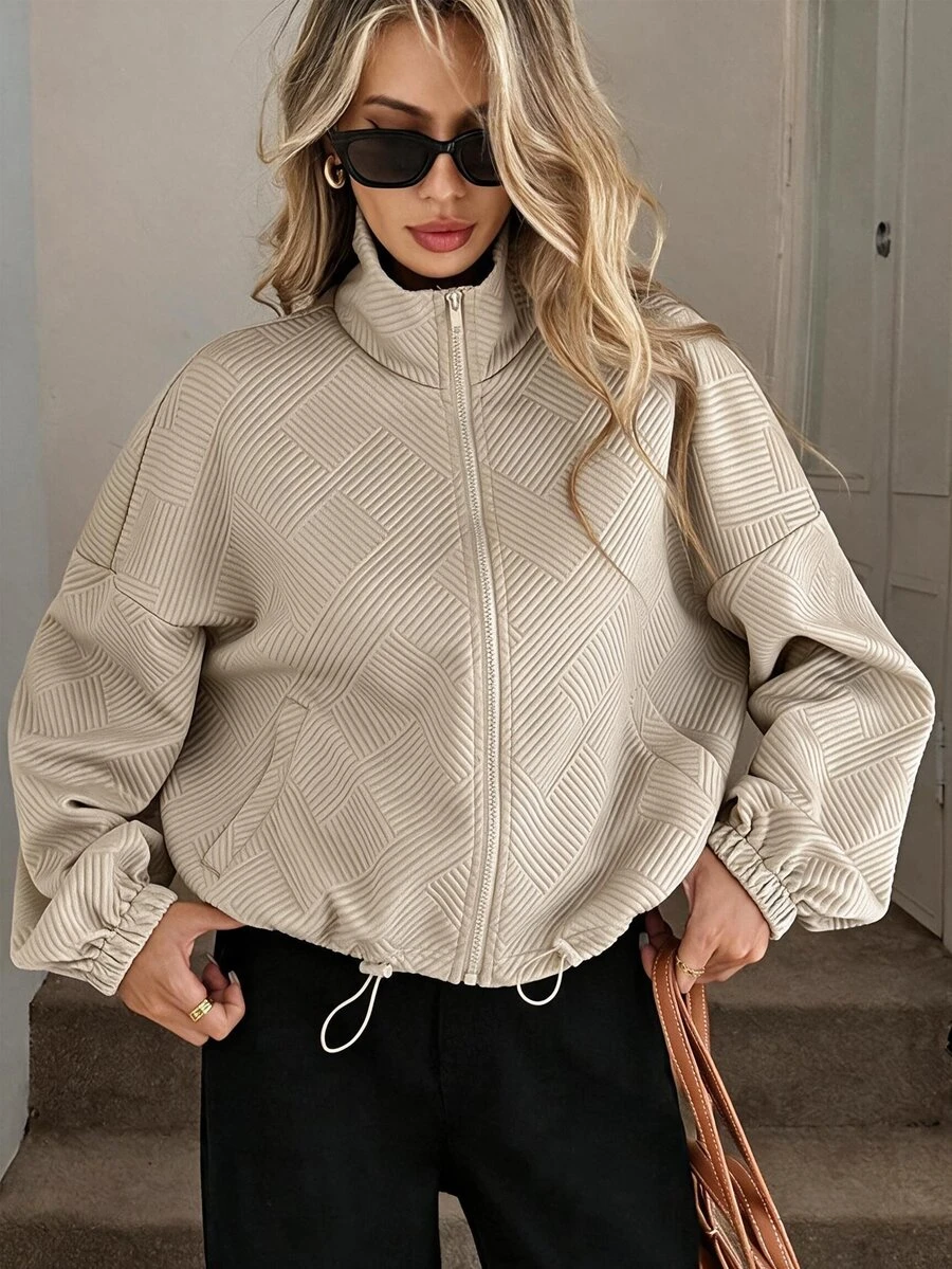 Struktiv Women's Beige Geometric Textured Zip Up Jacket Stand Collar Drawstring Hem Loose Coat Spring Autumn Casual Sporty Top - Beige - View 1