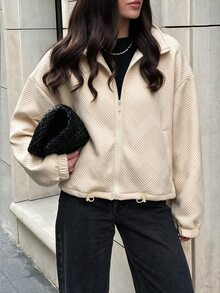 Struktiv Women's Beige Geometric Textured Zip Up Jacket Stand Collar Drawstring Hem Loose Coat Spring Autumn Casual Sporty Top - Beige - View 3