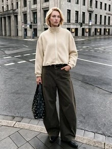 Struktiv Women's Beige Geometric Textured Zip Up Jacket Stand Collar Drawstring Hem Loose Coat Spring Autumn Casual Sporty Top - Beige - View 5