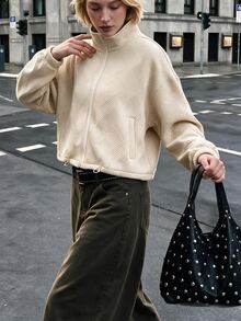 Struktiv Women's Beige Geometric Textured Zip Up Jacket Stand Collar Drawstring Hem Loose Coat Spring Autumn Casual Sporty Top - Beige - View 8