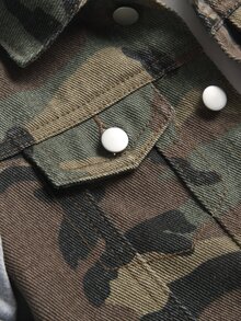 SHEIN Young Boy Fall/Winter Distressed Kids Cotton Camo Patchwork Hooded Denim Jacket, For Streetwear, Halloween - Army Green - View 4