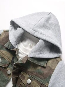 SHEIN Young Boy Fall/Winter Distressed Kids Cotton Camo Patchwork Hooded Denim Jacket, For Streetwear, Halloween - Army Green - View 3