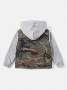 SHEIN Young Boy Fall/Winter Distressed Kids Cotton Camo Patchwork Hooded Denim Jacket, For Streetwear, Halloween - Army Green - View 2