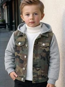 SHEIN Young Boy Fall/Winter Distressed Kids Cotton Camo Patchwork Hooded Denim Jacket, For Streetwear, Halloween - Army Green - View 1