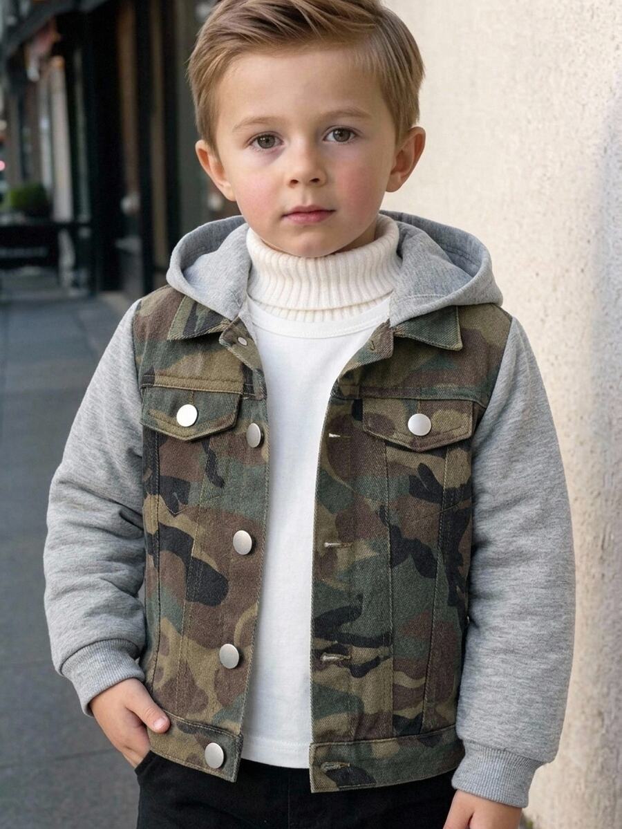 SHEIN Young Boy Fall/Winter Distressed Kids Cotton Camo Patchwork Hooded Denim Jacket, For Streetwear, Halloween - Army Green - View 1