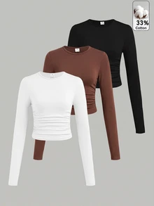 SHEIN Girlism Tween Girl Slim Fit Casual Basic Knit Solid Color Round Neck Ruched Long Sleeve T-Shirt 3pcs Set Kids School White Dark Brown Black Fall - Multicolor - View 1