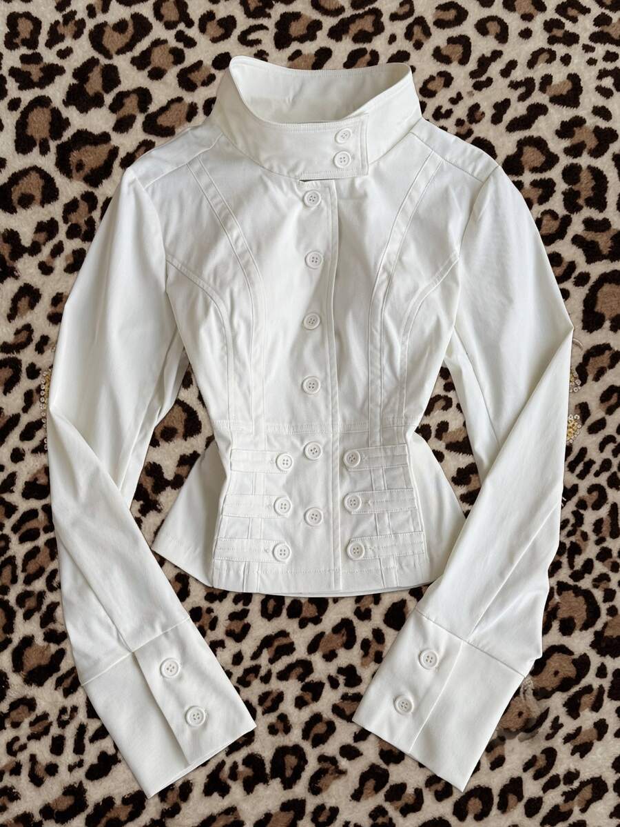 Attitoon Women's Solid Color Long Sleeve Button Front Casual Jacket - White - View 1