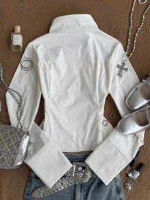 Attitoon Women's Solid Color Long Sleeve Button Front Casual Jacket - White - View 5