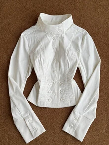 Attitoon Women's Solid Color Long Sleeve Button Front Casual Jacket - White - View 3