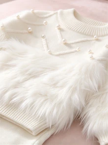 SHEIN Young Girl Autumn/Winter Fashion Fuzzy Patchwork Beaded Decor Sweater & Flared Knit Pants Set - Beige - View 7