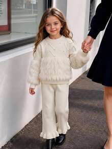 SHEIN Young Girl Autumn/Winter Fashion Fuzzy Patchwork Beaded Decor Sweater & Flared Knit Pants Set - Beige - View 1