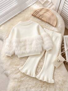 SHEIN Young Girl Autumn/Winter Fashion Fuzzy Patchwork Beaded Decor Sweater & Flared Knit Pants Set - Beige - View 2