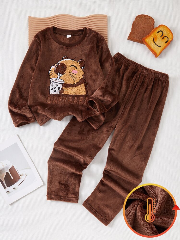 Girls' Autumn/Winter New Fleece Pajamas, Brown Flannel Towel Fabric With Capybara Embroidery, Soft And Comfortable, Fashionable And Elegant, Perfect Gift For Girls - Coffee Brown - View 3