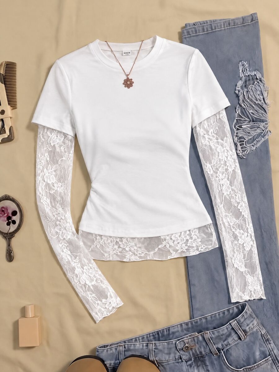 SHEIN Tween Girls White Knitted Kids Fitted Waist Design Contrast Lace 2 In 1 T-Shirt, Suitable For Daily Commute And Back To School Outfits Tween Girl - White - View 1